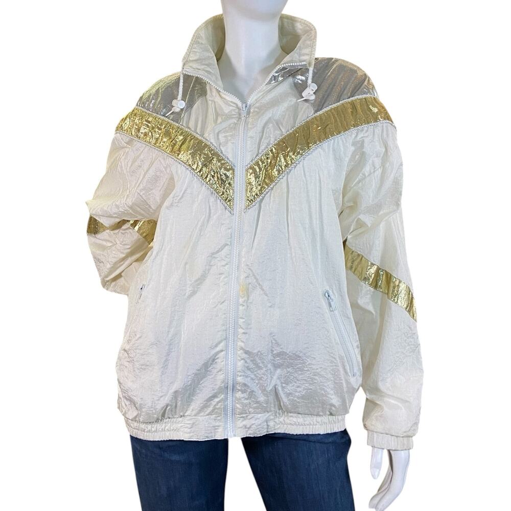 1980s Vintage MJ Carroll Metallic Silver Gold Lamé Colorblock Windbreaker M